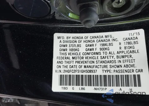 2016 Honda Civic Lx from USA, damaged, VIN 2HGFC2F51GH508937